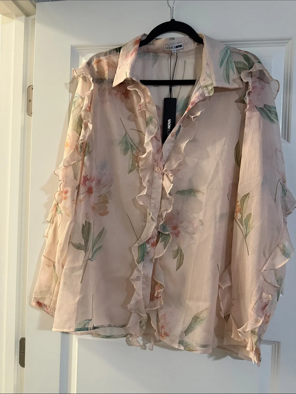 Fashion Nova Sheer Floral Ruffle Blouse - Pink & Green - Picture 3 of 3